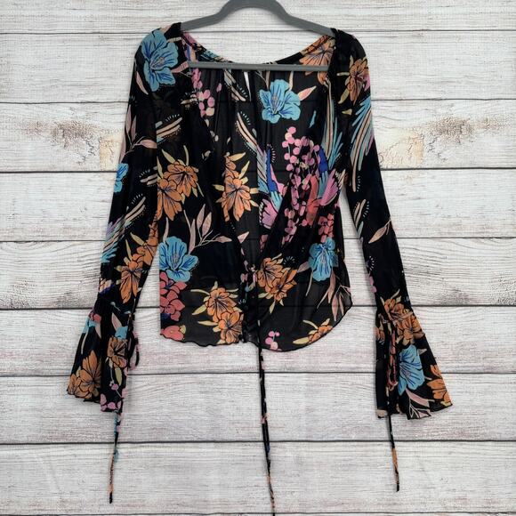 Free People Floral Semi Sheer Scoop Neck Blouse Womens Small Black Blue Pink - Picture 1 of 13